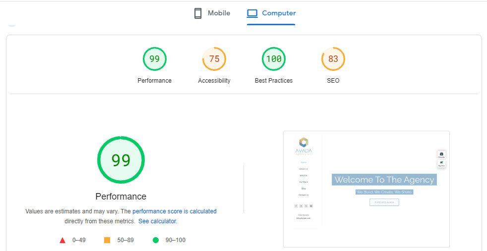 Avada Theme Speed Test Results