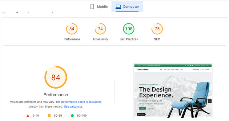 Woodmart theme speed test results 