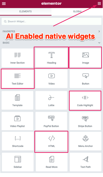 AI Assistant for Elementor Enhanced native addons in Elementor widgets panel